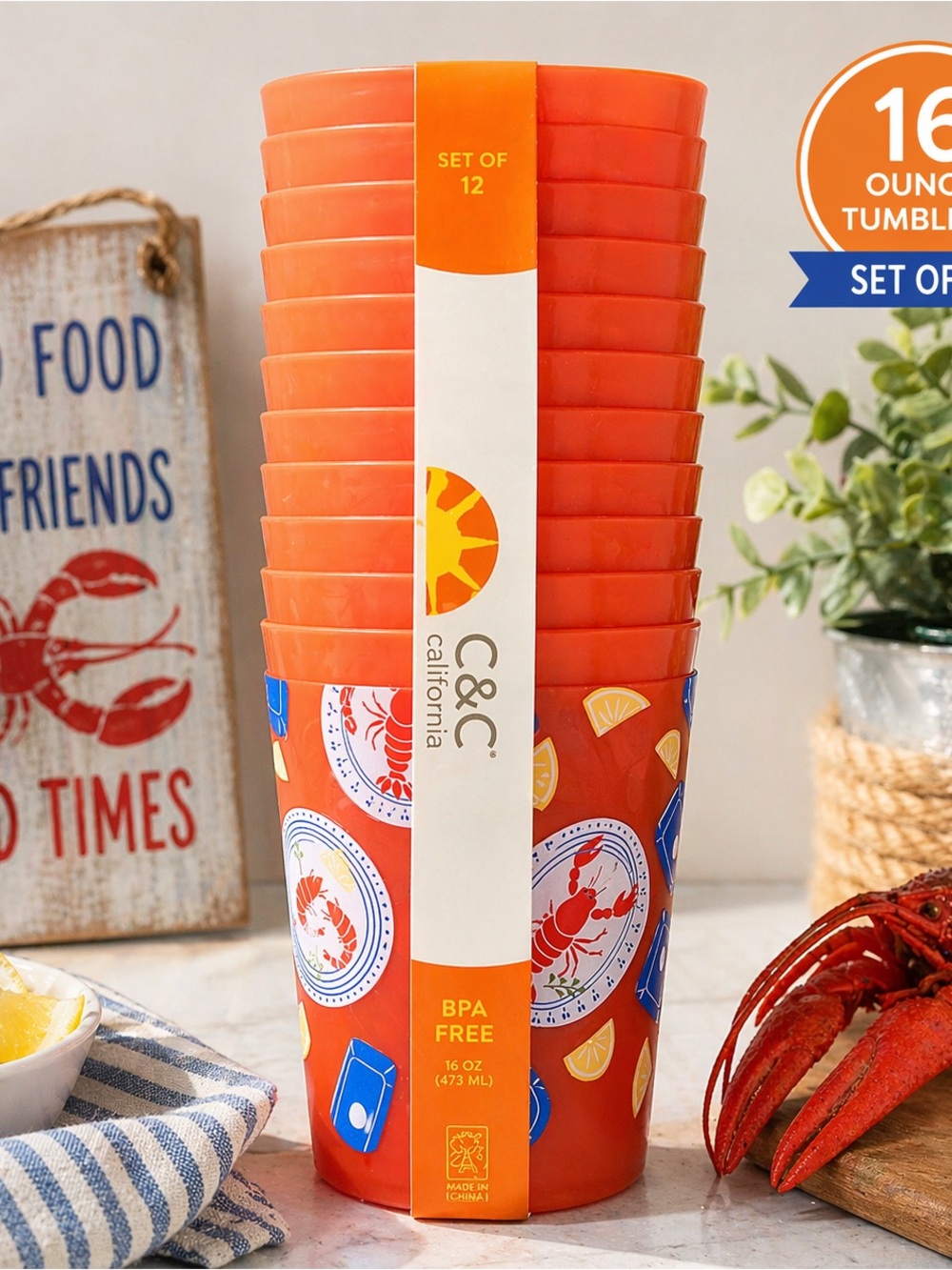 C&C‎ California Lobsters Reusable Acrylic Tumblers - Set of 12 Summer Patio Cups
